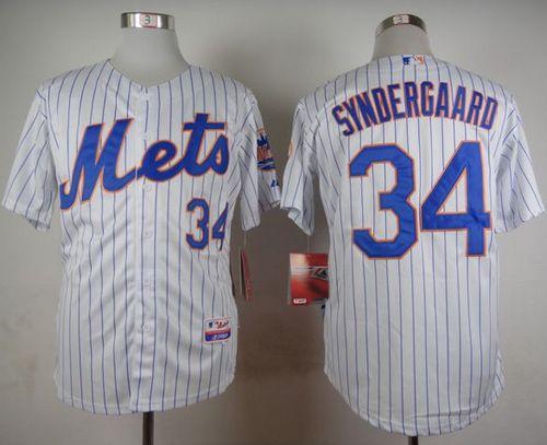 Mets #34 Noah Syndergaard White(Blue Strip) Home Cool Base Stitched MLB Jersey - Click Image to Close
